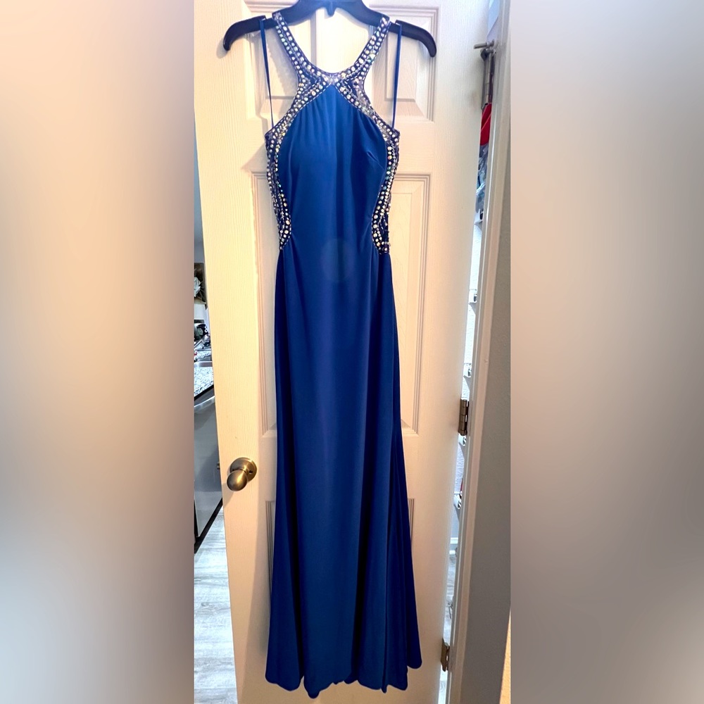 Royal blue open back prom dress